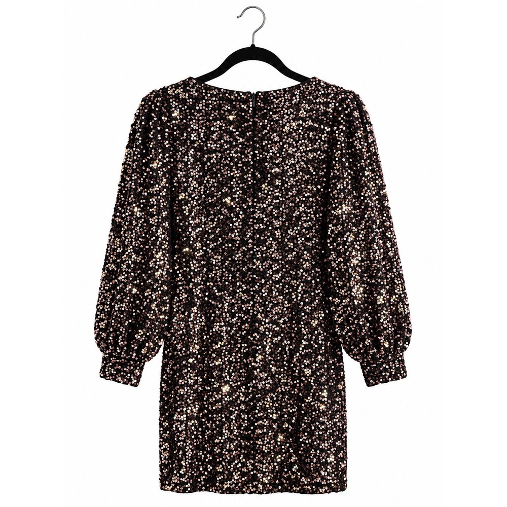 Nanette Lepore Rose Gold Sequin V-Neck Long Sleeve Dress 14 Holiday Party Glam - Picture 2 of 6